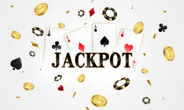 金色の輝く演奏賞のサインコインで飾られたカジノのバナーのジャックポットデザイン — ストックベクタ