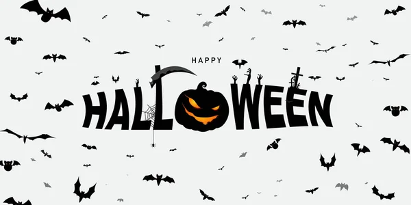 Banner Testo Halloween Partito Poster Pipistrello Set Zucche Della Collezione — Vettoriale Stock