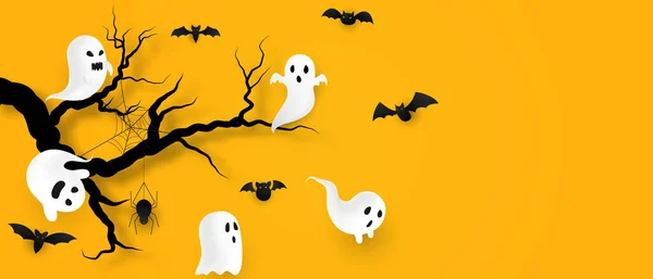 Halloween Paper Art Party Poster Inglês Conjunto Abóboras Coleção Assustador — Vetor de Stock