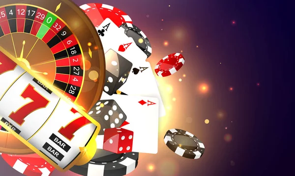 在线赌场 智能手机或移动电话 老虎机 赌博用的现实代币 轮盘赌或扑克现金 — 图库矢量图片