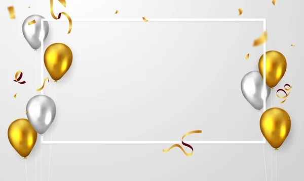 ゴールドバルーンの背景を持つお祝いフレームパーティーバナー 販売ベクトルイラスト グランドオープンカードの豪華な挨拶豊かな — ストックベクタ