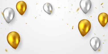 Altın balonların arka planında kutlama partisi afişi. Satış Vektörü illüstrasyonu. Büyük Açılış Kartı. Lüks içinde karşılama..