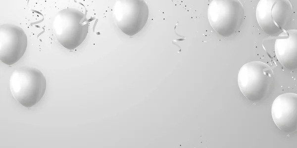 Joyeux Anniversaire Ballons Fond Célébration Blanc Avec Confettis — Image vectorielle