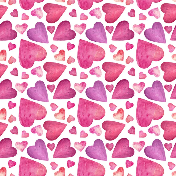 ハートで水彩シームレスパターン 白い背景にピンクのハートをバレンタイン 包装紙 デザイン カードなどの目的のための手描きヴィンテージの背景 — ストック写真