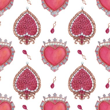 Elle çizilmiş dikişsiz suluboya deseni. Broşlu ve kolyeli doku. Kumaşlar, baskılar, tasarım, ambalaj kağıtları ve benzeri değerli taşlarla dolu kalp şeklinde mücevherlerle aydınlık bir zemin..