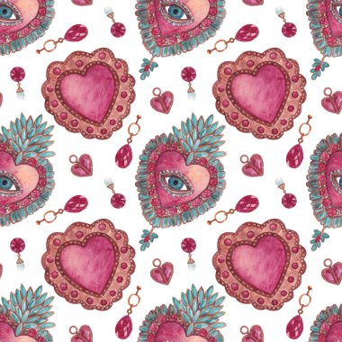 Elle çizilmiş dikişsiz suluboya deseni. Broşlu ve kolyeli doku. Mücevherler, kutsal kalpler ve kumaşlar için değerli taşlar, baskılar, tasarım, ambalaj kağıdı vs..