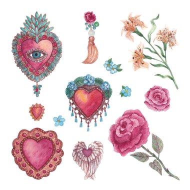 Elle çizilmiş suluboya çizimler. Mücevher, broş, kolye, mücevher, zambak ve gül. Tasarım, baskı kartpostalları, yapıştırma defterleri, çıkartmalar ve diğer amaçlar için vintage ögeleri.