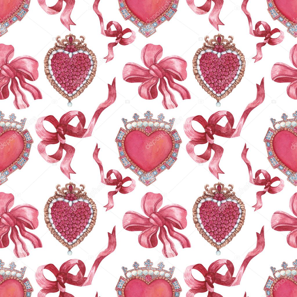 Hand-drawn seamless watercolor pattern. Wallpaper with ribbons, brooches, gems and jewelry. Background with heart-shaped jewelry with precious stones for fabrics, prints, design, paper etc.