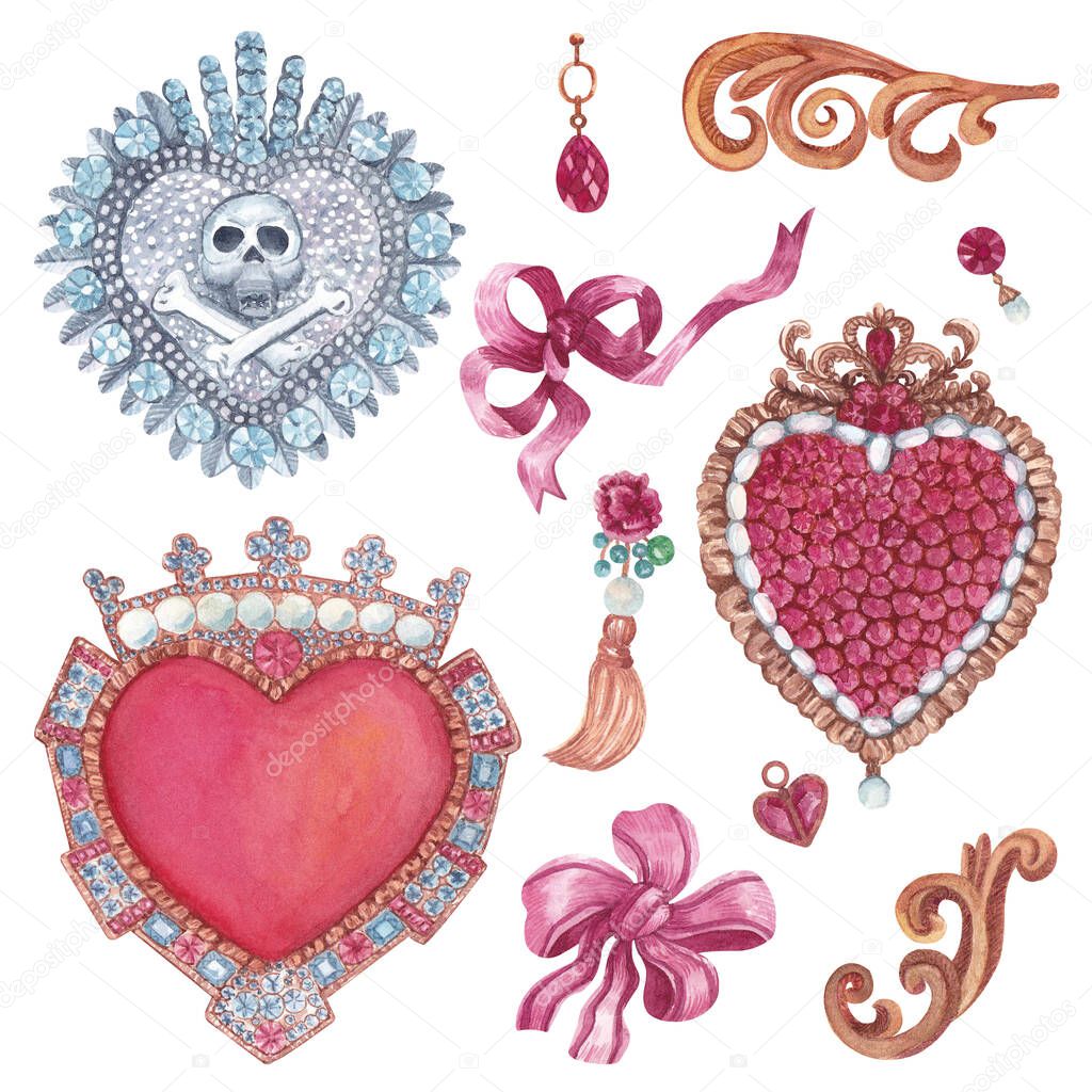 Hand-drawn set of watercolor illustrations. Jewelry, brooches, pendants, ribbons, bows, gems. Vintage items for design, prints, cards, scrap-booking, stickers and other purposes.