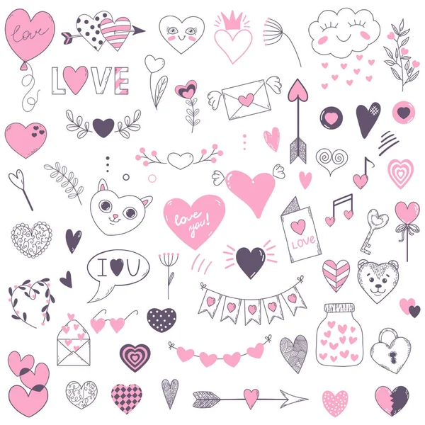 Vector Illustraties Met Harten Voor Valentijnsdag Romantische Krabbels Zwart Roze — Stockvector