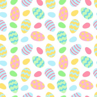 Paskalya temasında kusursuz vektör deseni. Parlak bahar arkaplanı. Kağıt, kumaş, web tasarımı, tatil süslemeleri, kartpostallar vs. için renkli yumurta boyalı dijital süslemeler.