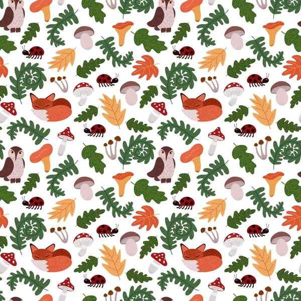 Orman elementleriyle kusursuz bir şablon. Farklı mantarlar, eğreltiotu, yapraklar, uğur böceği, tilki, baykuş gibi renklerle dolu bir geçmişi var. Kumaş, tekstil, ambalaj kağıdı, dekorasyon.
