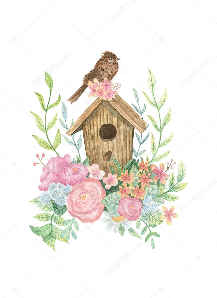 Hand-drawn watercolor spring illustration. Composition with birdhouse, bird, pink flowers and herbs for printing postcards, stationery, design, posters, textiles, etc.