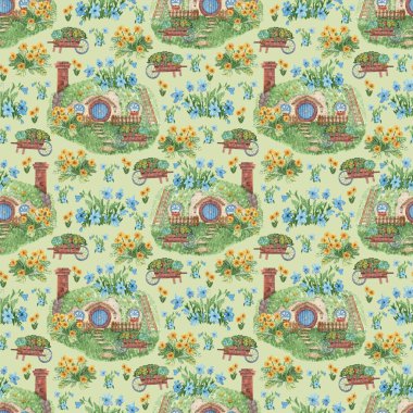 Elle çizilmiş suluboya desenli peri evi. Delikte bir evi, mavi ve sarı çiçekleri ve el arabası olan bir arka plan. Tasarım, ambalaj kağıdı, kumaş, tekstil, duvar kağıdı, kart dokusu