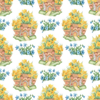 El yapımı suluboya, pürüzsüz yay deseni. Mavi çiçekli arka plan, nergis, peri evi. Tasarım, ambalaj kağıdı, kumaş, tekstil, duvar kağıtları, kartpostallar, dekor için botanik dokusu.