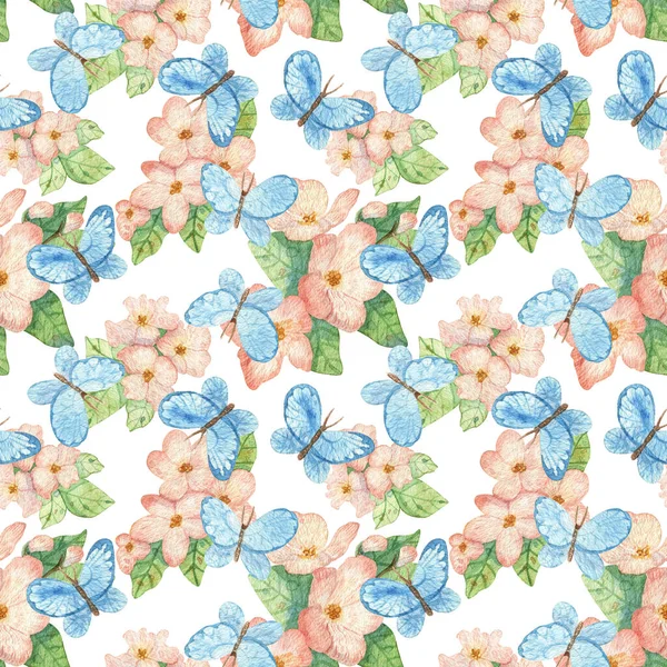 Hand drawn watercolor seamless floral pattern. Light background with pink apple-tree flowers and blue butterflies. Botanical illustration for design, wrapping paper, fabrics, textiles, wallpapers.
