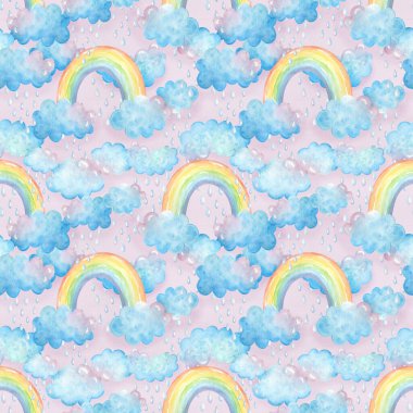 Elle çizilmiş dikişsiz suluboya deseni. Bulutlu pembe arkaplan, gökkuşağı, dekorasyon için yağmur damlaları, tasarım, tekstil, kumaşlar, duvar kağıdı, yapıştırma kitabı, kartlar, ambalaj kağıdı.