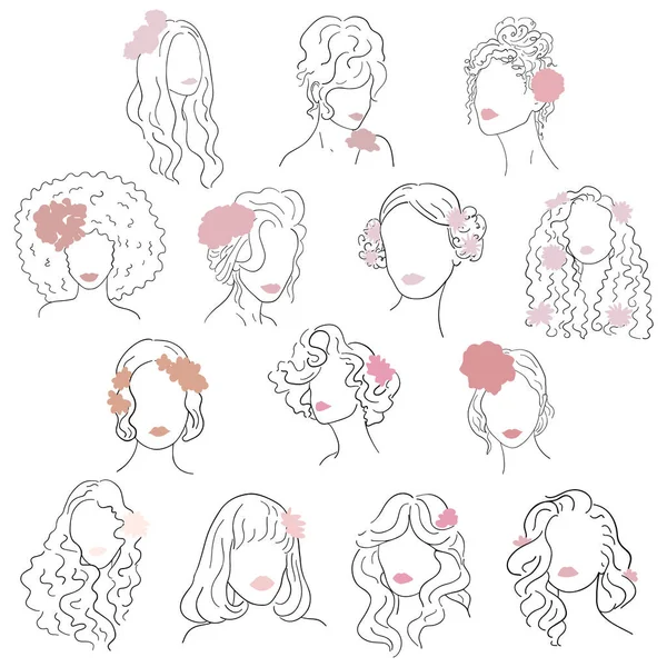 Набір Мінімалістичних Векторних Ілюстрацій Портрети Жінок Квіти Жіночі Зачіски Волосся — стоковий вектор