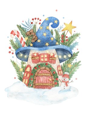 Sihirli ev, kardan adam, köknar dalları, şekerler ve yıldızlarla el çizimi suluboya çizimi. Paket tasarımı, kartpostal, kırtasiye, yapıştırma kitabı, çıkartma, tatil süslemeleri için yazdır.