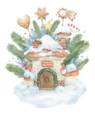 Sihirli mantar evi, köknar dalları, zencefilli ekmek ve yıldızlı el yapımı suluboya çizimi. Paket tasarımı, kartpostal, kırtasiye, yapıştırma kitabı, çıkartma, tatil süslemeleri için kış baskısı