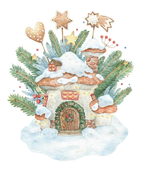 Sihirli mantar evi, köknar dalları, zencefilli ekmek ve yıldızlı el yapımı suluboya çizimi. Paket tasarımı, kartpostal, kırtasiye, yapıştırma kitabı, çıkartma, tatil süslemeleri için kış baskısı