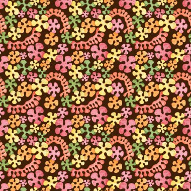 Hippi tarzında dekoratif ve soyut figürlere sahip bir arka plan. Elle çizilmiş parlak, pürüzsüz suluboya deseni. Kumaş, tekstil, duvar kâğıdı, dekor, ambalaj kağıdı ve tasarım için geri baskı.