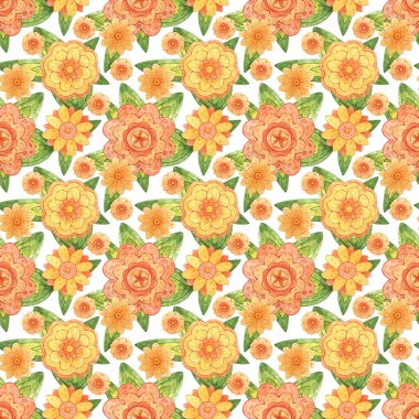 Sarı ve turuncu çiçekli sevimli ve neşeli bir arka plan. Yapraklar. Elle çizilmiş parlak, pürüzsüz suluboya deseni. Kumaş, tekstil, duvar kağıdı, dekor, ambalaj kağıdı ve tasarım için yazdır.