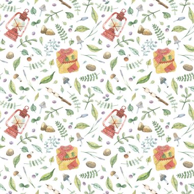 Orman bitkilerinin suluboya desenleri. Süveter, kırmızı fener, lokum, mantar ve bitkilerle el yapımı arka plan. Tekstil, dekorasyon, hatıra defteri, ambalaj kağıdı dokusu.