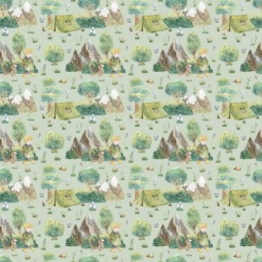 Ormanda kamp yapan çocuk ve köpekle suluboya desenli. Ağaçlar, çalılar, dağlar, mantarlar ve bitkilerle el çizimi yeşil arka plan. Tekstil, dekorasyon, duvar kağıdı dokusu.