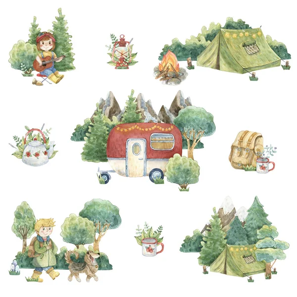 Set Von Aquarellkompositionen Über Das Zelten Wald Handgezeichnete Aquarell Clip — Stockfoto