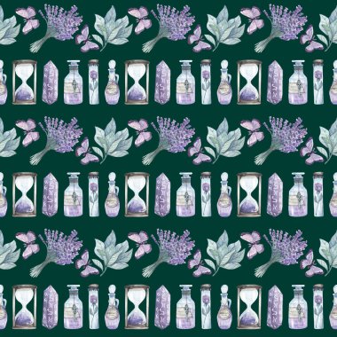 İksir ve şifalı bitkilerle koyu suluboya deseni. El çizimi arka plan. Şişeler, kelebekler, lavantalar. Tasarım, tekstil, dekorasyon, duvar kağıdı, hatıra defteri, ambalaj kağıdı, kumaş dokusu.