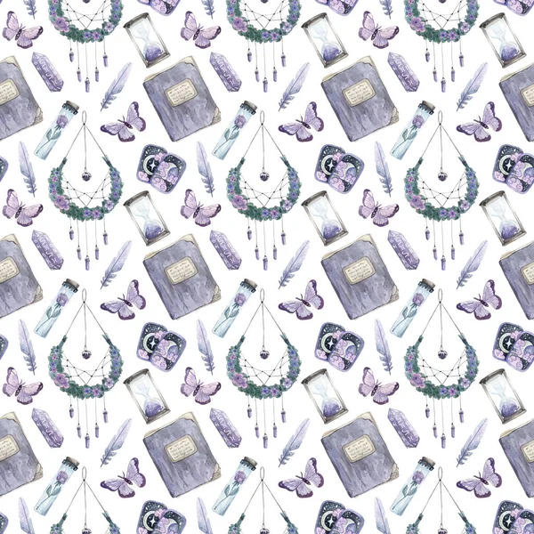 Büyücülük temasında hafif suluboya deseni. El çizimi boho arka planı. Mistisizm, sihir, kristaller. Tasarım, tekstil, dekorasyon, duvar kağıdı, hatıra defteri, ambalaj kağıdı, kumaş dokusu.