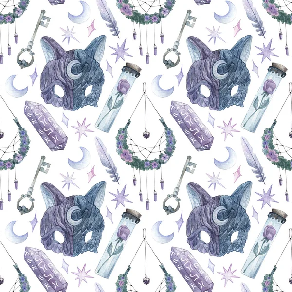 Light watercolor pattern about witchcraft. Hand-drawn background. Mysticism, dream catcher, ritual. Texture for design, textiles, decoration, wallpaper, scrapbooking, wrapping paper, fabrics.