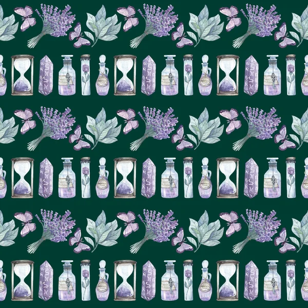 Dark Watercolor Pattern Potions Herbs Hand Drawn Background Bottles Butterflies — Stock Photo, Image