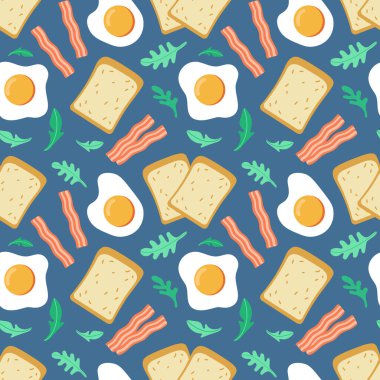 Kızarmış yumurta, tost, pastırma ve roka ile kusursuz vektör deseni. Dekorasyon, ambalaj, web tasarımı vesaire için renkli kahvaltı arkaplanı.