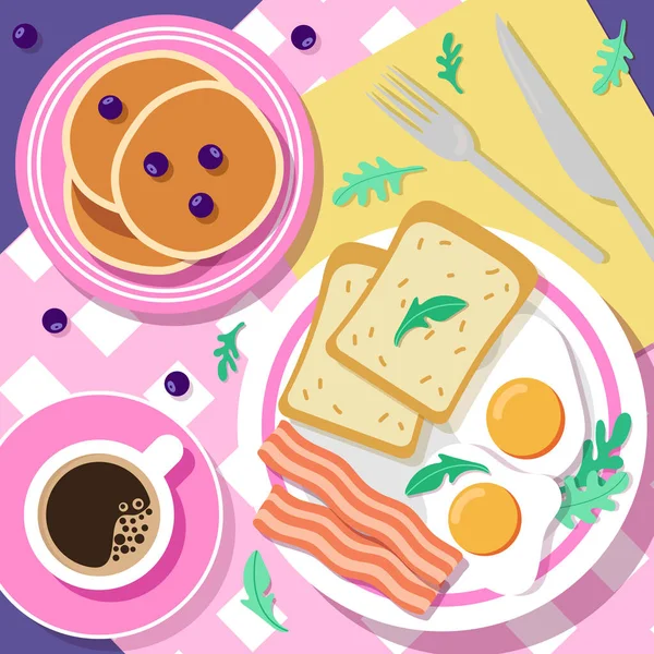 Heldere Ontbijt Vector Illustratie Gebakken Eieren Spek Toast Bosbessenpannenkoeken Roze — Stockvector