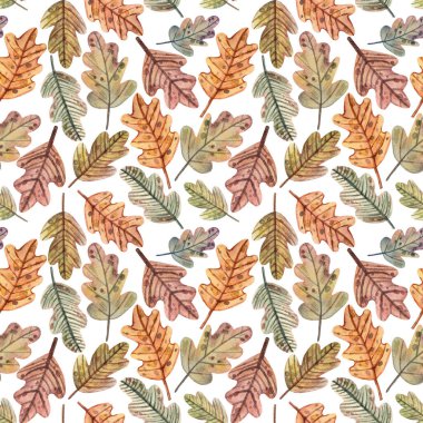 Farklı renk ve şekillerde meşe yapraklarıyla elle çizilmiş dikişsiz suluboya deseni. Paketleme, baskı, kumaş, dekor ve daha fazlası için hafif arkaplan.