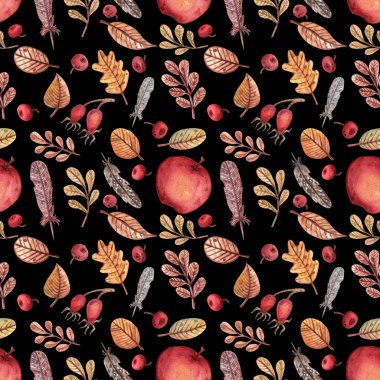 Sonbahar temalı el yapımı suluboya desenler. Çeşitli sonbahar yaprakları, kuş tüyleri, kırmızı elmalar ve böğürtlenlerle ambalaj, baskılar, kumaşlar vs..