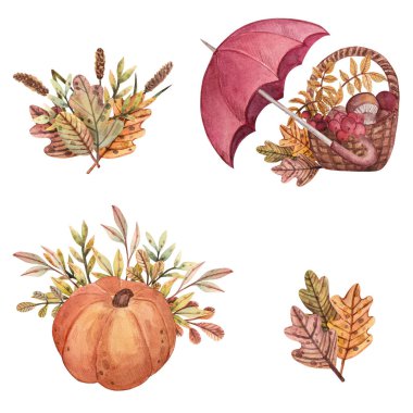 Sonbahar temalı el yapımı suluboya kompozisyonlar. Sonbahar yaprakları, dallar, balkabağı, şemsiye, kartlar için mantar sepeti, süslemeler, yapıştırmalar, yapıştırma defterleri vs..