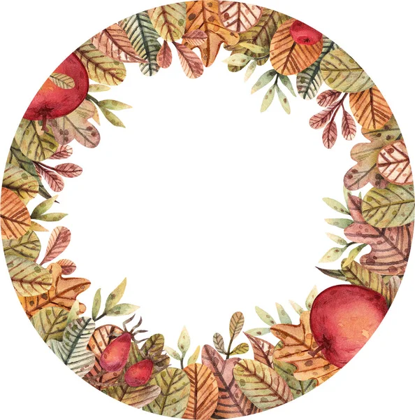 さまざまな色や形の秋の葉の手描きの水彩画のリース リンゴ オークの葉 ポストカード 招待状 プリントのデザインのためのローズヒップベリーのラウンドフレーム — ストック写真