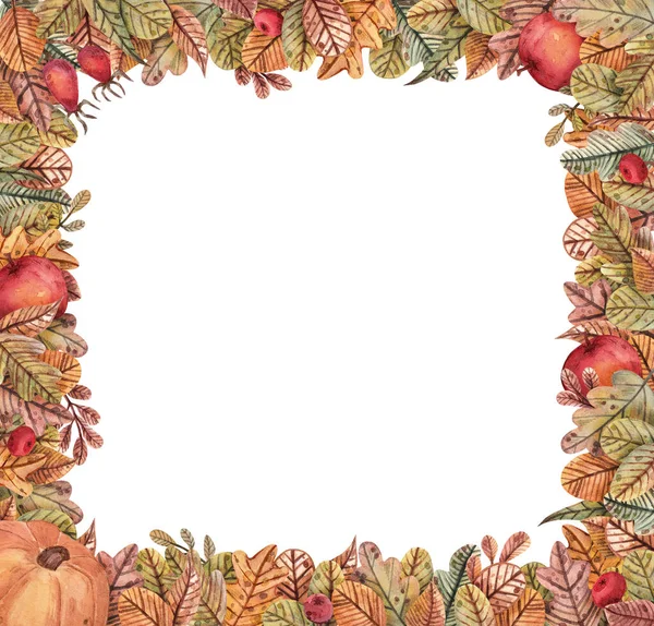 さまざまな色や形の秋の葉から手描きの水彩フレーム ポストカード 招待状のデザインのためのリンゴ カボチャ オークの葉 ベリーや枝の正方形の境界 — ストック写真