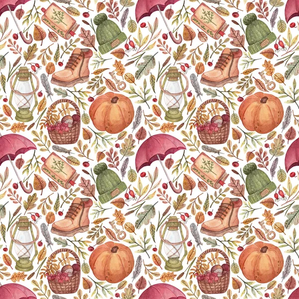 Hand Drawn Seamless Watercolor Pattern Cozy Autumn Theme White Background — Stock Photo, Image