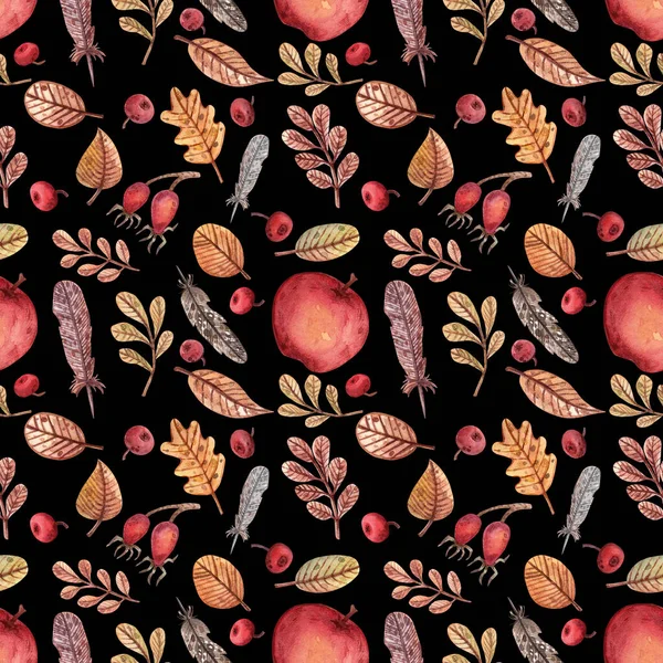 Sonbahar temalı el yapımı suluboya desenler. Çeşitli sonbahar yaprakları, kuş tüyleri, kırmızı elmalar ve böğürtlenlerle ambalaj, baskılar, kumaşlar vs..