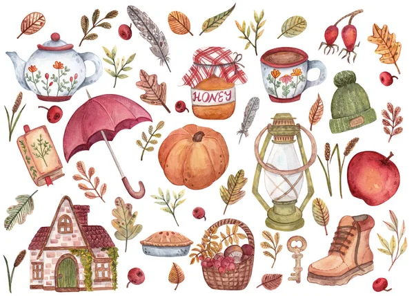 Большой Набор Ручных Акварельных Иллюстраций Уютную Осеннюю Тему Листья Различных — стоковое фото