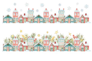 Noel evleri, kış meyveleri, kar taneleri, köknar dalları ve yıldızlarla el yapımı suluboya sınırları. Dekorasyon, tasarım, tebrik kartları, baskılar, çıkartmalar ve daha fazlası için kış kompozisyonu.