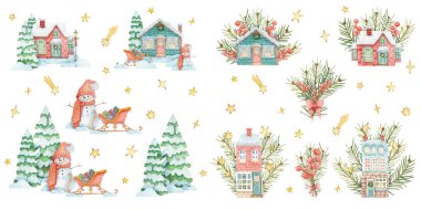 Resimlerin suluboya seti. Güzel evlerin, Noel ağaçlarının, kardan adamların, hediyeli kızakların ve yıldızların olduğu Noel kompozisyonları. Çıkartmalar, kartpostallar, dekorasyon, hatıra defteri ve tasarım için klip sanatı.