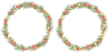 Köknar dalları, böğürtlen ve yıldızlardan oluşan el yapımı suluboya Noel çelenkleri. Çıkartma, kartpostal, tasarım, hatıra defteri, blog tasarımı vb..