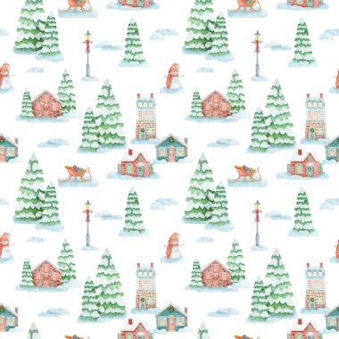 Elle çizilmiş suluboya desenli, karlı bir Noel köyü. Evlerin, Noel ağaçlarının, kardan adamın, kar yığınlarının, neşeli bir ruh hali, tasarım, kumaşların ve ambalajın olduğu arka plan.
