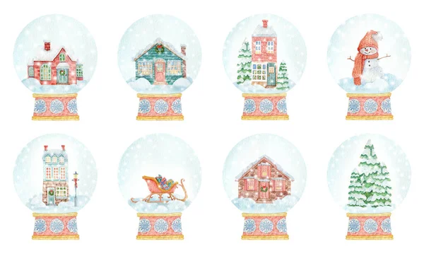 Noel temalı el yapımı suluboya kompozisyonlar. Kar küresi, rahat evler, tatil süslemeleri, kar taneleri, bir kardan adam, kartlar için Noel ağaçları, çıkartmalar, tasarım.