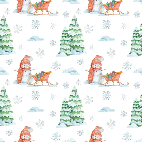 Christmas illustration with snowman, sleigh, gifts, fir trees, snowfall and snowmen. Hand-drawn bright seamless watercolor pattern. Winter bright background for design, fabrics, paper, decorations.